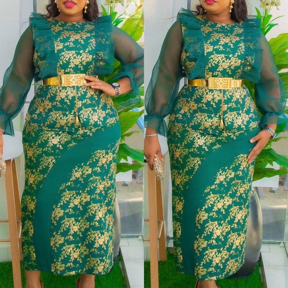 Elegant Green and Gold Floral Skirt